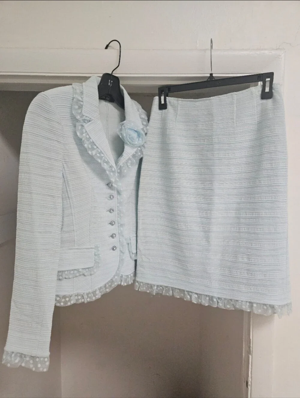 RICKIE FREEMAN TERI JON LIGHT BLUE LACE TRIM SKIRT SUIT SET 6